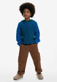 Pulover albastru cu benzi, cu glugă verde, având un model texturat. Asortat cu pantaloni cargo maro și pantofi bej cu vârf rotund.