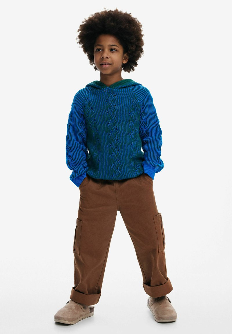 Pulover albastru cu benzi, cu glugă verde, având un model texturat. Asortat cu pantaloni cargo maro și pantofi bej cu vârf rotund.