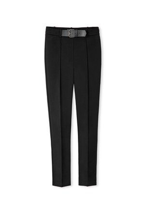 Pantaloni neri su misura con un design elegante, caratterizzati da una cintura, pieghe frontali e una vestibilità dritta. Realizzati in un tessuto morbido.