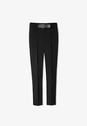Black tailored trousers with a sleek design, featuring a belt, front pleats, and a straight cut. Made from a smooth fabric.