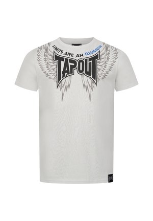 White cotton t-shirt featuring black "TAPOUT" logo and wings graphic. Text reads "LIMITS ARE AN ILLUSION." Short sleeves, classic fit.