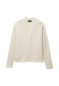 Cardigan tricoté de couleur crème avec une texture côtelée, décolleté en V et six boutons sur le devant. Il présente des manches longues et une coupe courte.