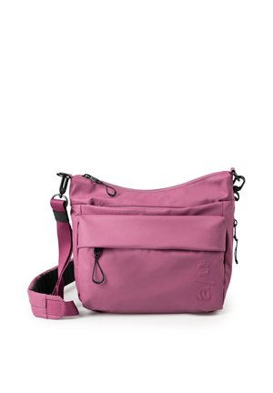 Middelgrote paarse crossbodytas met verstelbare riem, voorvak met ritssluiting en subtiel geperst logo aan de onderkant aan de rechterkant.