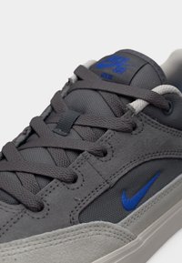 Sivé tenisky s kombináciou hladkých a texturovaných materiálov, modré logo Nike a plochý systém šnúrok so spevneným prešívaním.