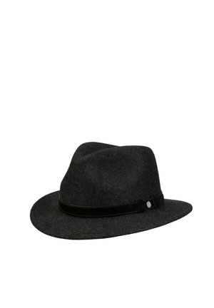 Dark gray felt fedora hat with a black leather band and a small metallic button on the band.