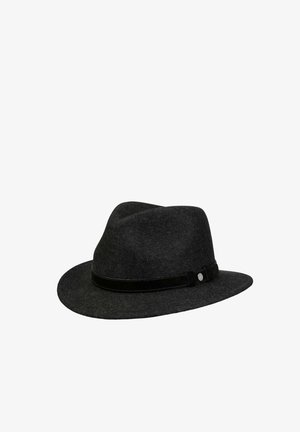 Dark gray felt fedora hat with a black leather band and a small metallic button on the band.