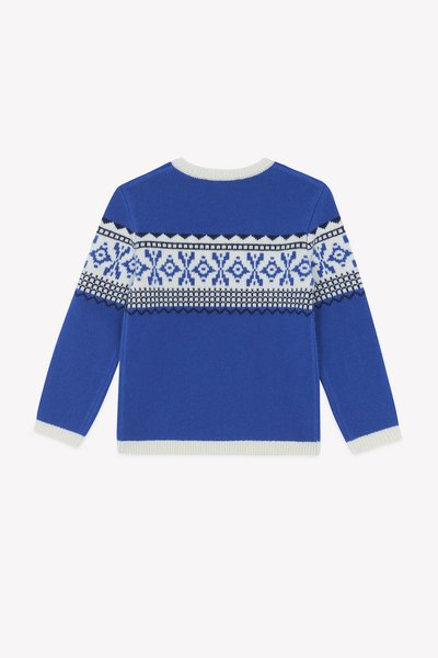 Modra pletena pulover s tradicionalnimi nordijskimi vzorci v beli in črni barvi čez prsa in zgornje roke, beli obroči na ovratniku, manšetah in robu.