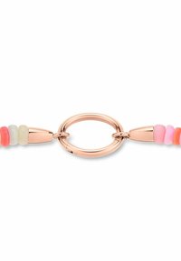 Färgglad pärlarmband med runda, släta pärlor i rosa, vitt och orange, försett med en rosaguldig metalldetalj och cirkulär länk.