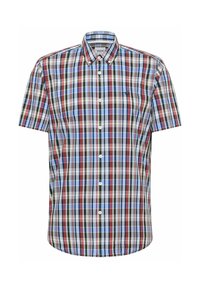 Shortsärmeliges Hemd mit Knopfverschluss, das ein mehrfarbiges Karomuster in Rot, Blau und Grün zeigt, sowie einen abgerundeten Saum und eine Brusttasche.