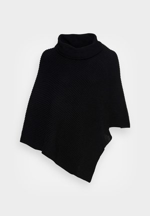 Poncho tricoté noir avec un col haut, doté d'un design à texture côtelée, un ourlet asymétrique et un tissu doux et léger.