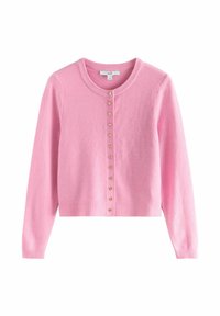 Cardigan roz tricotat, cu mâneci lungi, guler rotund și nasturi aurii în formă de inimă pe partea din față. Textură moale și design scurt.