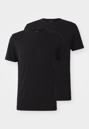Two black, short-sleeved t-shirts made of cotton, featuring a classic crew neck design and a plain texture without patterns or accents.