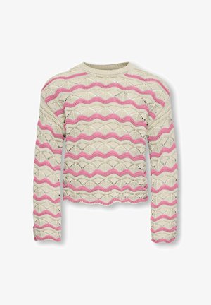 Bézs horgolt pulóver hosszú ujjakkal, rózsaszín hullámos csíkokkal és fodros szegélyekkel a mandzsettákon és az alján.