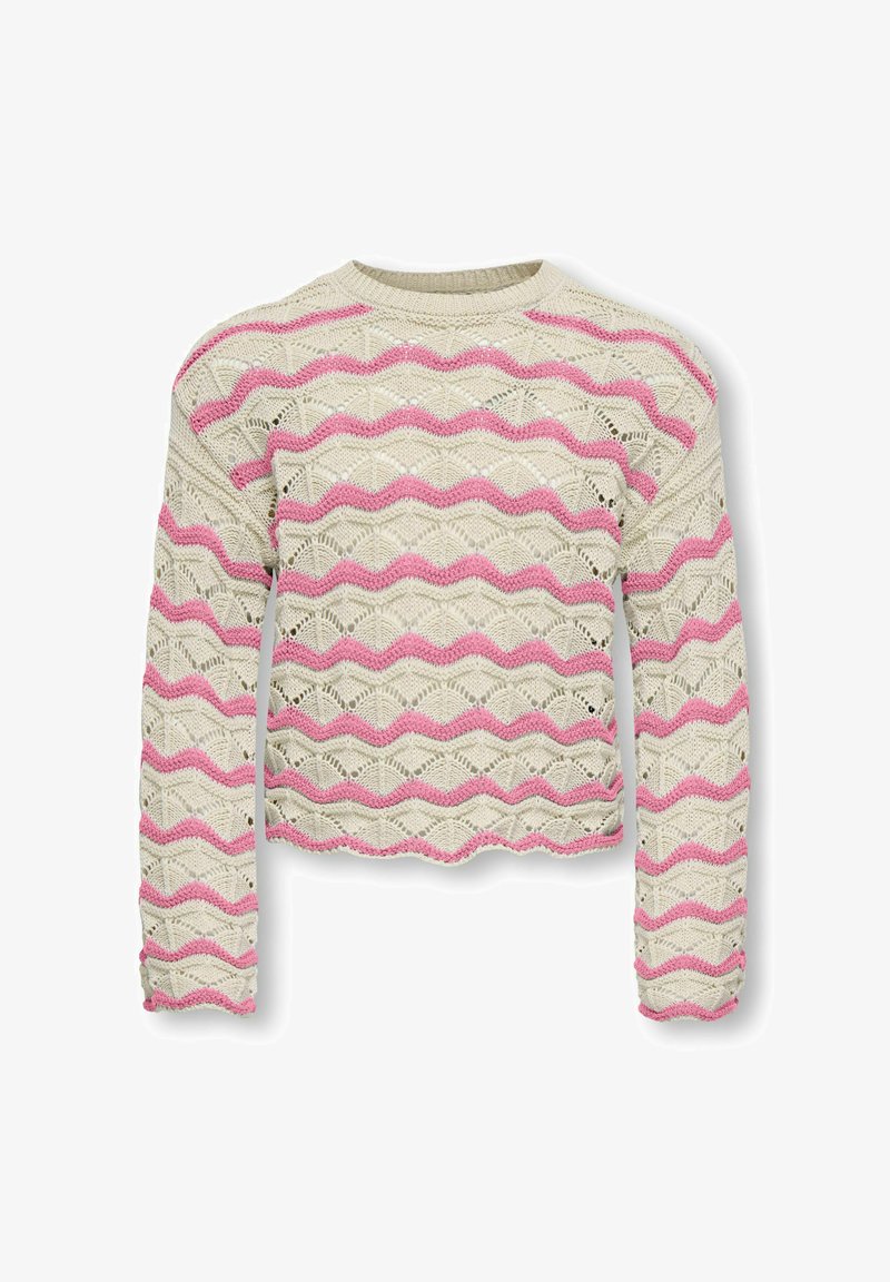 Pull en crochet beige à manches longues avec des rayures ondulées roses et des bords festonnés aux poignets et à l'ourlet.