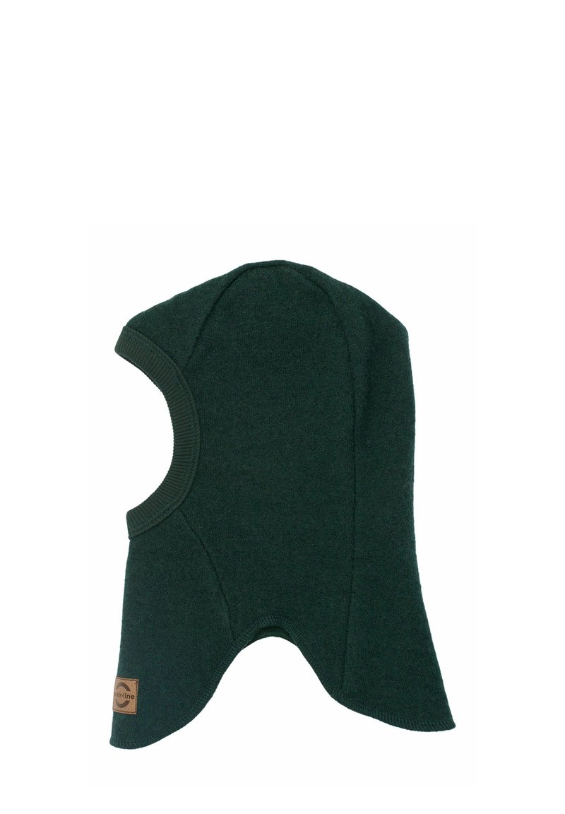 Tume roheline kootud balaklava ribidega äärtega, täieliku katvuse disain ja logopatch küljes. Pehme, tekstuuriga kangas.