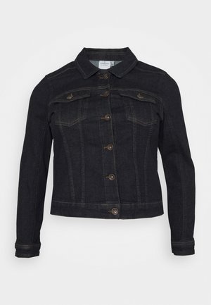 Musta denimtakki pitkällä hihalla, napillinen edestä, kaksi rintataskua läpillä ja klassinen kaulus.