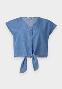 Lys blå denim cropped topp med V-hals, cap sleeves, frontend med knappelukking og knute detalj i nederkant. Glatt tekstur.