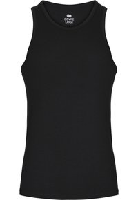 Sort tanktop lavet af bomuld med rund halsudskæring. Har brede ærmegab og lige snit. Etiketten læser "DOVRE LARGE."