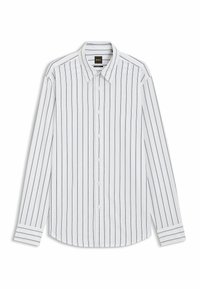 Wit shirt met lange mouwen met verticale marineblauwe strepen, knopenlijst en klassieke kraag. Manchetten met smalle bijpassende strepen, gemaakt van katoen.