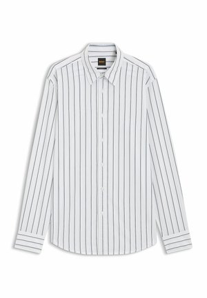 Wit shirt met lange mouwen met verticale marineblauwe strepen, knopenlijst en klassieke kraag. Manchetten met smalle bijpassende strepen, gemaakt van katoen.