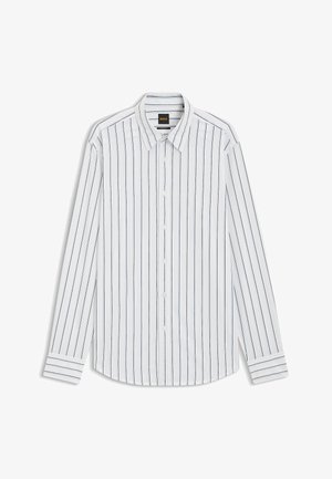 Wit shirt met lange mouwen met verticale marineblauwe strepen, knopenlijst en klassieke kraag. Manchetten met smalle bijpassende strepen, gemaakt van katoen.