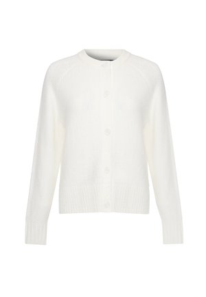 Bílý cardigan vyrobený z měkkého materiálu, s kulatým výstřihem, předním zapínáním na knoflíky a žebrovanými manžetami a lemem. Hladká textura, uvolněný střih.
