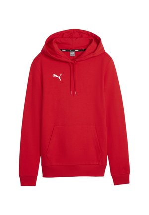 Felpa rossa in tessuto misto cotone. Presenta una tasca a marsupio, cappuccio regolabile con lacci, e un logo bianco sul petto.