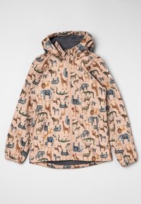 Leichte Kapuzenjacke mit pinkem Grundton, die ein Muster aus verschiedenen Tieren in gedämpften Farben zeigt. Mit elastischen Bündchen und Reißverschluss.