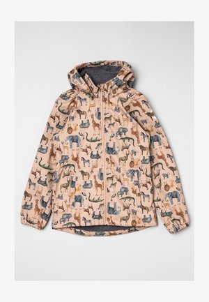 Giacca leggera con cappuccio di base rosa, caratterizzata da un motivo di vari animali in colori tenui. Polsini elasticizzati e chiusura con zip.