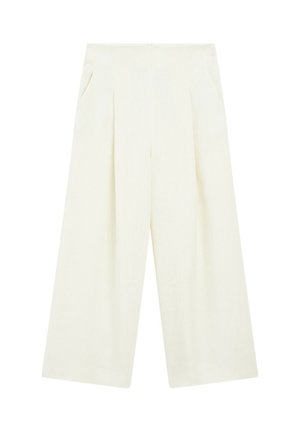 Široké kalhoty z měkké smetanové tkaniny se hladkým povrchem, vybavené dvěma bočními kapsami a nařasenými detaily v pase.