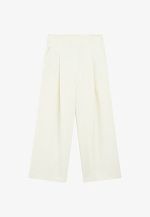 Weit geschnittene Hose aus weichem cremefarbenem Stoff mit glatter Textur, ausgestattet mit zwei seitlichen Taschen und gefältelten Details am Bund.