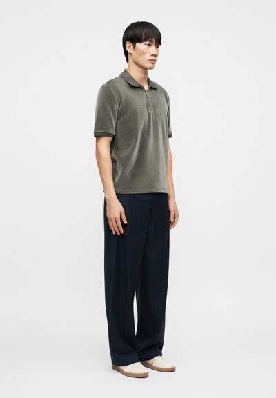 Γκρι, κοντομάνικο πόλο με φερμουάρ στον γιακά· συνδυασμένο με μπλε σκούρο παντελόνι με λεπτές ρίγες και λευκά παπούτσια· φορεμένο από μια όρθια φιγούρα.