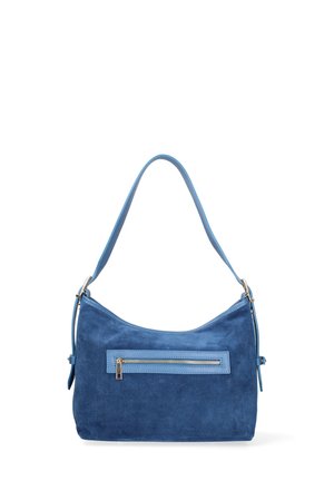 Blauwe leren schoudertas met een ronde vorm. Voorzien van een ritsvak aan de voorkant en een enkele verstelbare schouderband. Glad textuur.