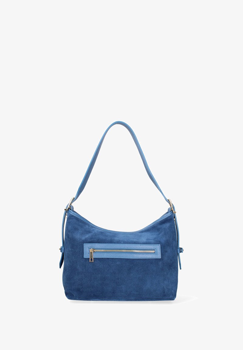 Blauwe leren schoudertas met een ronde vorm. Voorzien van een ritsvak aan de voorkant en een enkele verstelbare schouderband. Glad textuur.