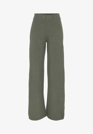 Weite Hosen aus olivgrünem Strickstoff mit hohem Bund und weicher Textur, entworfen für Komfort und Bewegungsfreiheit.