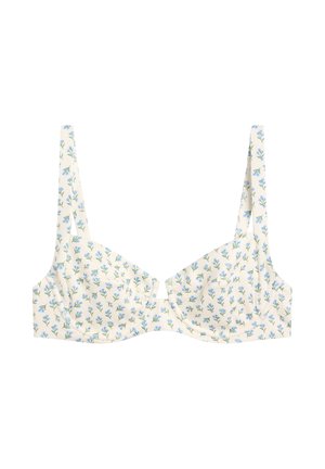 Reggiseno bianco con motivo floreale blu, coppe con ferretto e spalline regolabili.