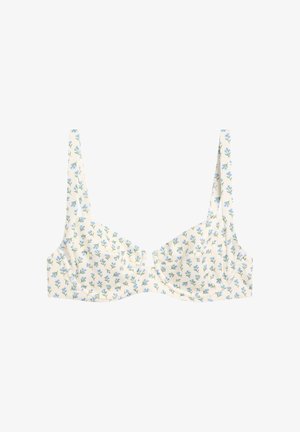 Reggiseno bianco con motivo floreale blu, coppe con ferretto e spalline regolabili.