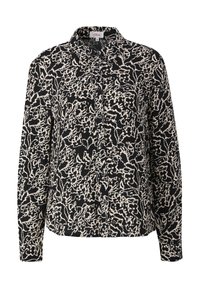 Camicia button-up nera con un motivo floreale astratto bianco. Presenta un colletto, maniche lunghe e una base dritta. Tessuto morbido al tatto.