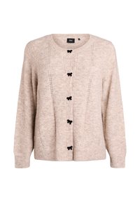 Jasno beżowy kardigan wykonany z miękkiego materiału. Posiada okrągły dekolt, długie rękawy oraz czarne guziki w kształcie kokardek z przodu.