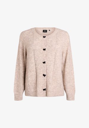 Vaaleanbeige neule, joka on valmistettu pehmeästä materiaalista. Siinä on pyöreä kaula-aukko, pitkät hihat ja mustat ruusukkeet-nappit edessä.