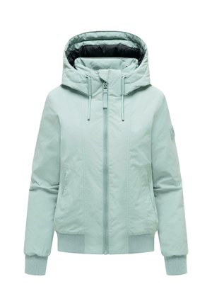Hellblaue Kapuzenjacke mit Frontreißverschluss, Kordelzügen an der Kapuze, eng anliegenden gerippten Bündchen und zwei Seitentaschen, dargestellt vor weißem Hintergrund.