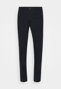 Schwarze Baumwollchinos mit geradem Bein, ausgestattet mit einem vorderen Knopfverschluss und seitlichen Taschen. Glatte Textur, keine sichtbaren Muster.