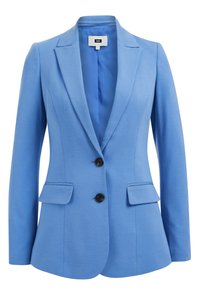 Modrý blazer s přizpůsobeným střihem, klopovými límci, dvěma předními kapsami a dvěma černými knoflíky. Hladká tkanina s jemnou texturou.