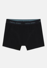 Black boxer shorts featuring a blue elastic waistband with "JACK & JONES" logo. Designed for comfort and a snug fit.