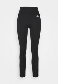 Leggings sportivi neri con una cintura ampia, caratterizzati da strisce bianche sui lati e un logo Adidas sulla parte superiore sinistra davanti. Realizzati in tessuto elasticizzato.