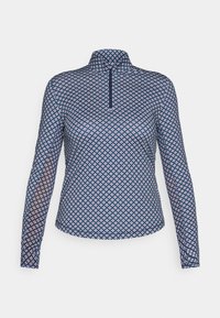 Marineblaues Langarm-Polo aus glattem Stoff mit einem rosa-weißen geometrischen Muster, einem Viertelreißverschluss und einem Stehkragen.