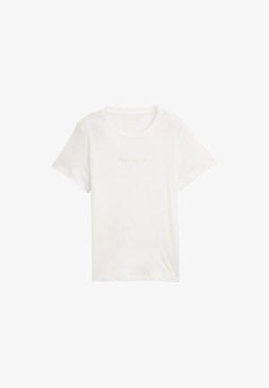 T-shirt en coton blanc avec un col rond et des manches courtes. Présente un logo « TOM TAILOR » subtil imprimé en gris clair sur la poitrine.