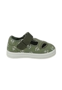Scarpa in tessuto verde con motivo ad ancora, cinturino in velcro, punta arrotondata e lati aperti. Suola in gomma bianca con grip testurizzato.