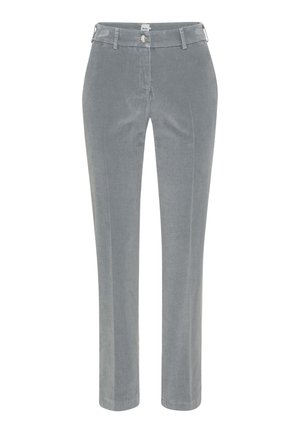 Pantaloni di velluto a coste grigi con un design a gamba dritta, caratterizzati da una chiusura frontale con bottone, passanti per cintura e una sottile texture a coste verticali.