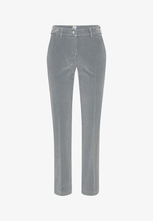 Pantaloni di velluto a coste grigi con un design a gamba dritta, caratterizzati da una chiusura frontale con bottone, passanti per cintura e una sottile texture a coste verticali.